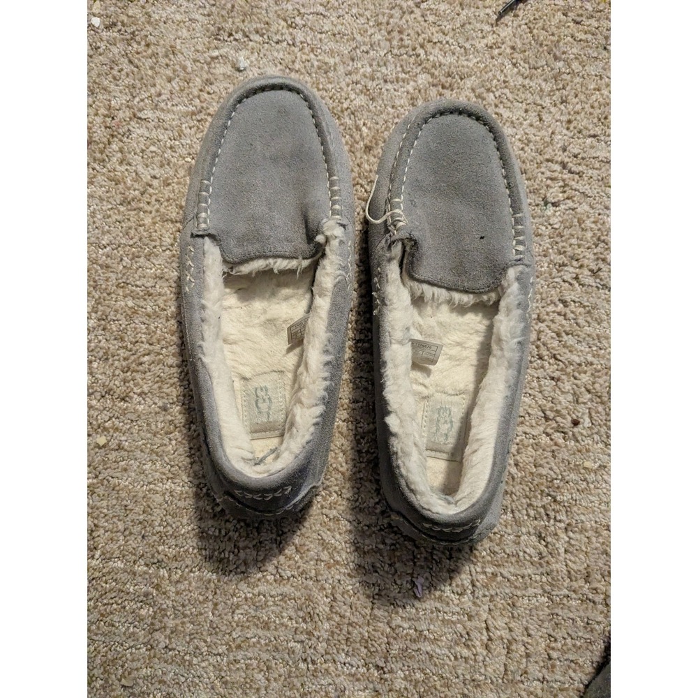 UGG Ansley Grey Suede Moccasin Slippers Womens 9 Wool Lined 1106878